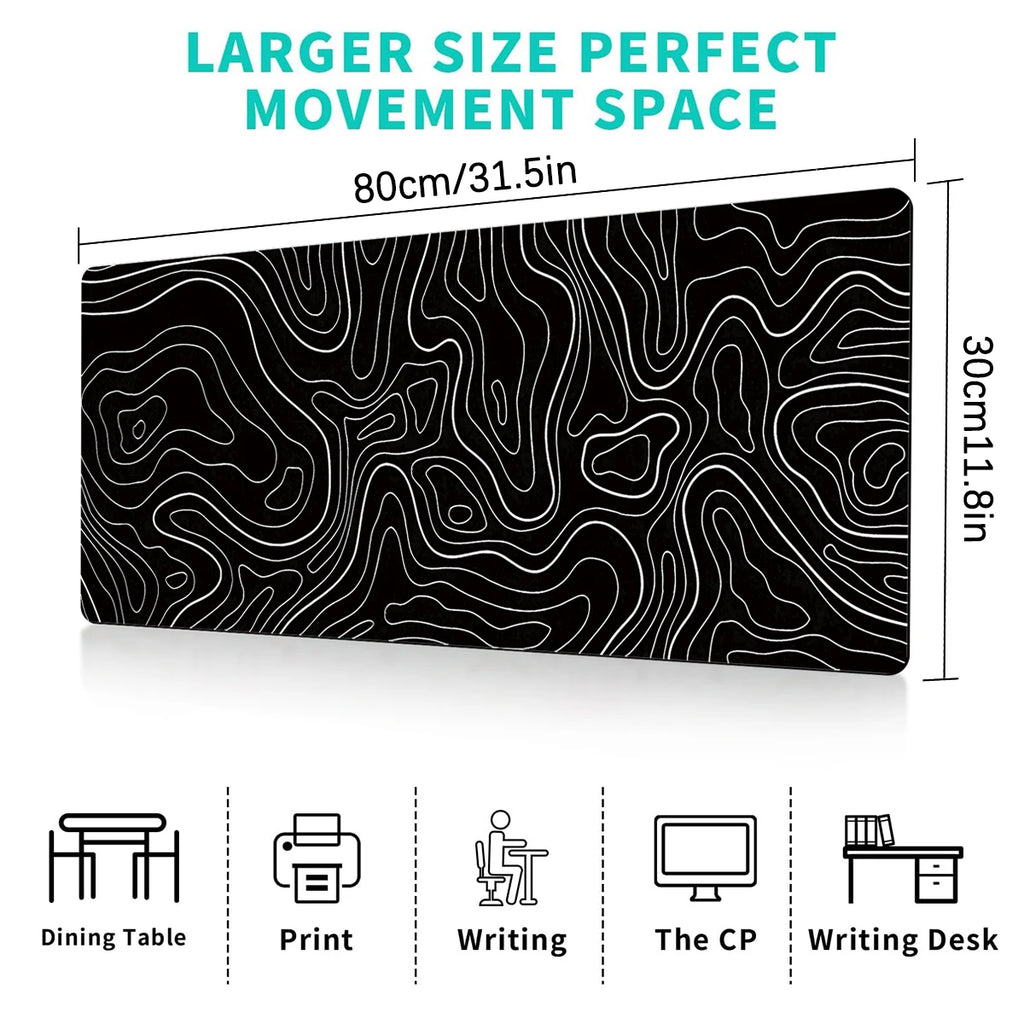 Gaming Mouse Pad Large Keyboard Pad 31.5 x 11.8in Topographic Mouse Pad Black and White Mouse Pad for Keyboard with Anti-Sl
