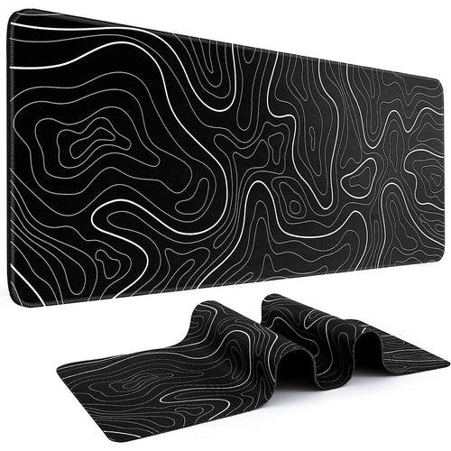 Black desk mat with white topographic line pattern, extended mouse pad design