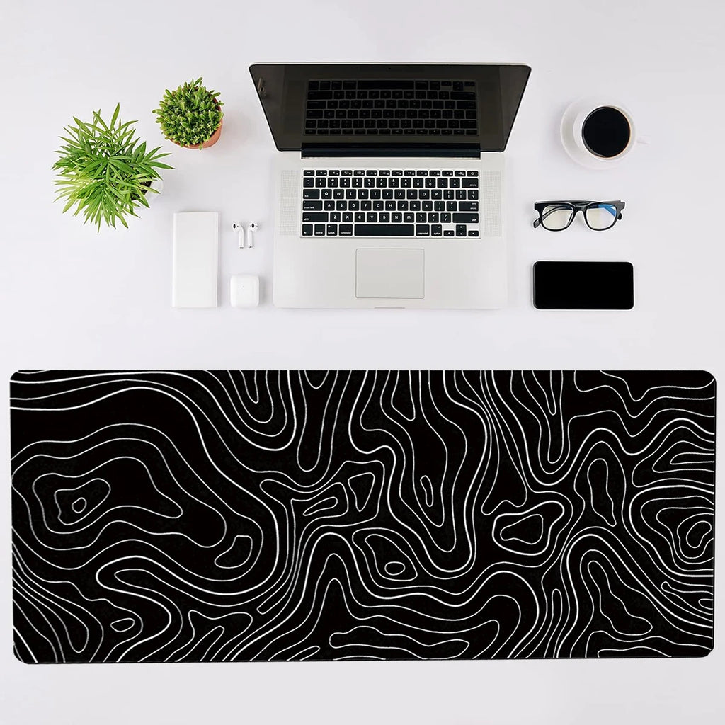 Gaming Mouse Pad Large Keyboard Pad 31.5 x 11.8in Topographic Mouse Pad Black and White Mouse Pad for Keyboard with Anti-Sl