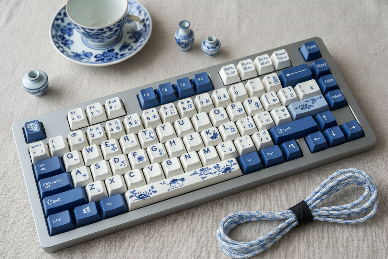 Blue and white porcelain-themed mechanical keyboard with matching cable and teacup set.